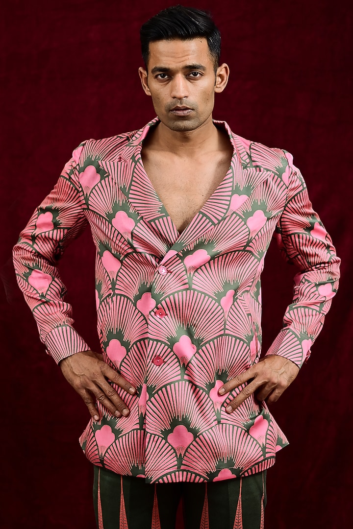 Salmon & Olive Modal Silk Hand Painted Oversized Party Wear Shirt by Gaurav Katta at Pernia's Pop Up Shop
