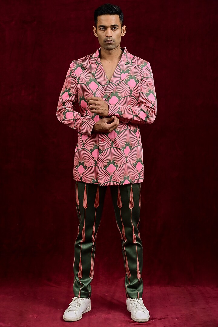 Salmon & Olive Modal Silk Hand Painted Oversized Party Wear Shirt by Gaurav Katta at Pernia's Pop Up Shop