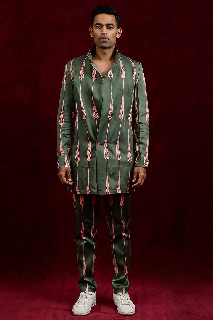 Olive & Salmon Modal Silk Hand Painted Oversized Party Wear Shirt by Gaurav Katta at Pernia's Pop Up Shop