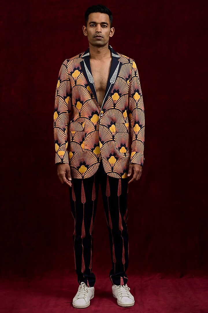 Mustard Modal Silk Printed Oversized Wedding Shirt by Gaurav Katta at Pernia's Pop Up Shop