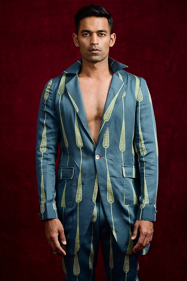 Teal Modal Silk Hand Painted Oversized Party Wear Shirt by Gaurav Katta at Pernia's Pop Up Shop