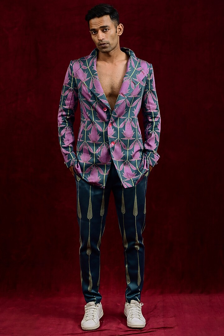 Teal & Mauve Modal Silk Hand Painted Oversized Party Wear Shirt by Gaurav Katta at Pernia's Pop Up Shop