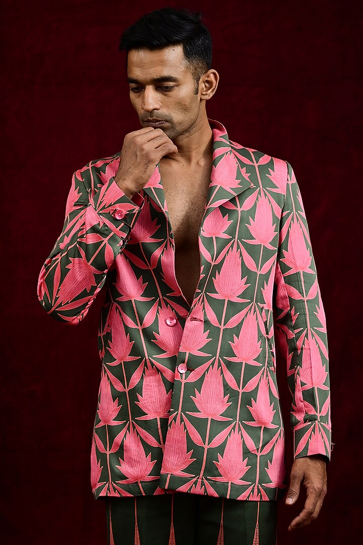 Salmon & Olive Modal Silk Hand Painted Oversized Wedding Shirt by Gaurav Katta at Pernia's Pop Up Shop