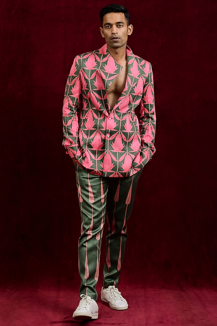 Salmon & Olive Modal Silk Hand Painted Oversized Wedding Shirt by Gaurav Katta at Pernia's Pop Up Shop