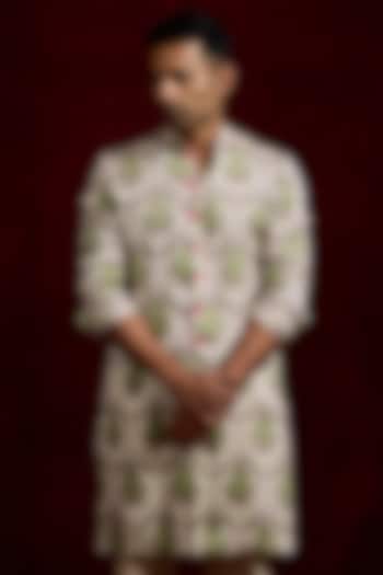 Ivory Modal Silk Hand Painted Oversized Long Party Wear Shirt by Gaurav Katta at Pernia's Pop Up Shop