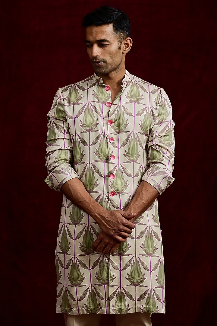 Ivory Modal Silk Hand Painted Oversized Long Party Wear Shirt by Gaurav Katta at Pernia's Pop Up Shop