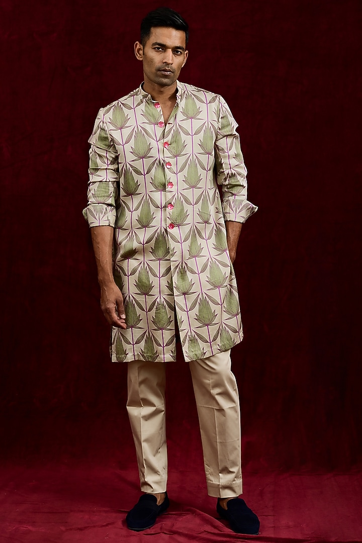 Ivory Modal Silk Hand Painted Oversized Long Party Wear Shirt by Gaurav Katta at Pernia's Pop Up Shop