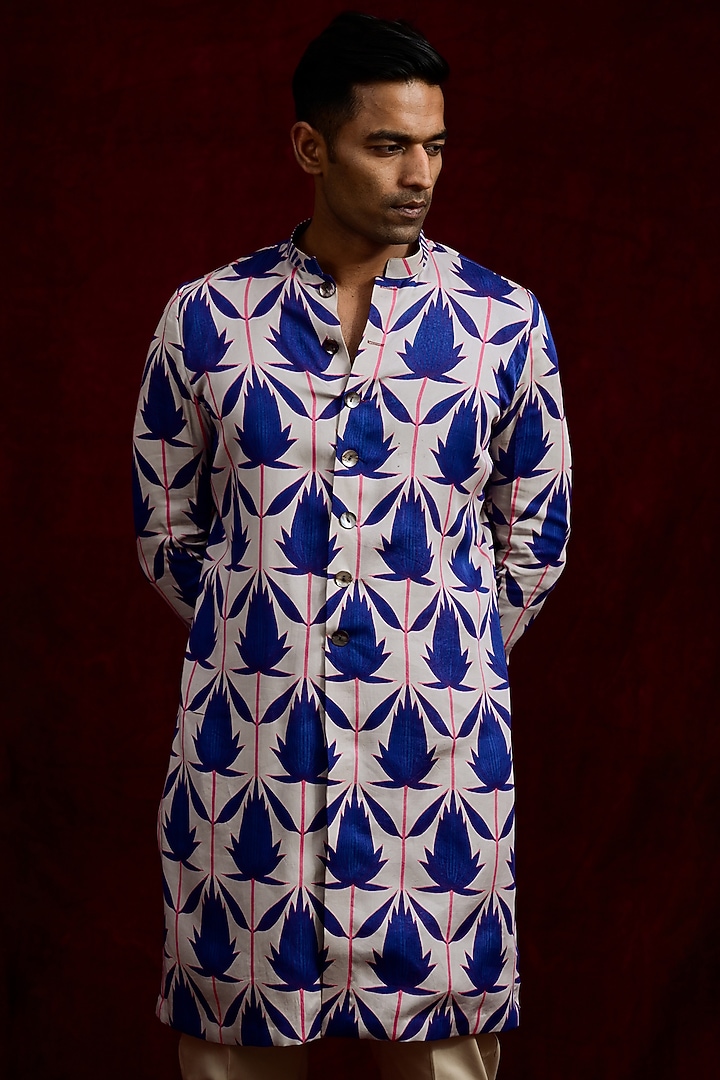Indigo & Ash Modal Silk Hand Painted Oversized Long Party Wear Shirt by Gaurav Katta at Pernia's Pop Up Shop