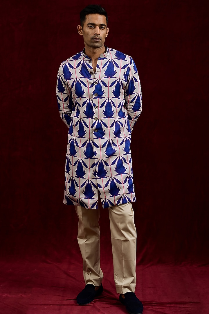 Indigo & Ash Modal Silk Hand Painted Oversized Long Party Wear Shirt by Gaurav Katta at Pernia's Pop Up Shop