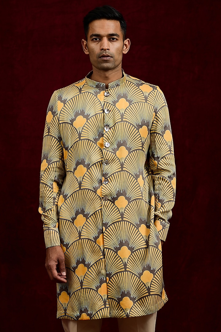 Mustard & Taupe Modal Silk Hand Painted Oversized Long Shirt by Gaurav Katta