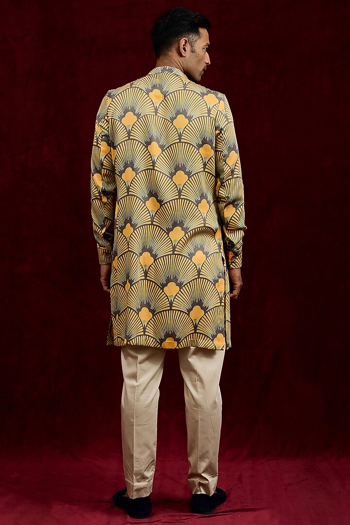 Mustard & Taupe Modal Silk Hand Painted Oversized Long Party Wear Shirt by Gaurav Katta at Pernia's Pop Up Shop
