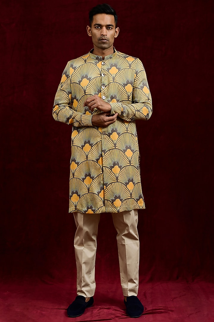 Mustard & Taupe Modal Silk Hand Painted Oversized Long Party Wear Shirt by Gaurav Katta at Pernia's Pop Up Shop