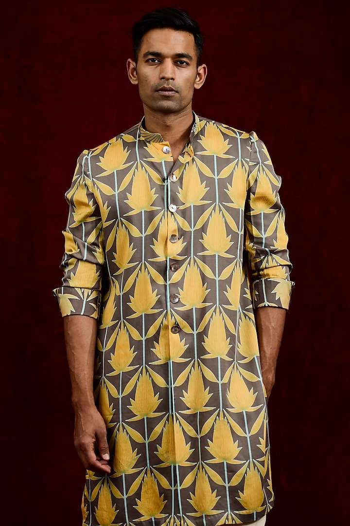 Mustard & Taupe Modal Silk Hand Painted Oversized Long Shirt by Gaurav Katta