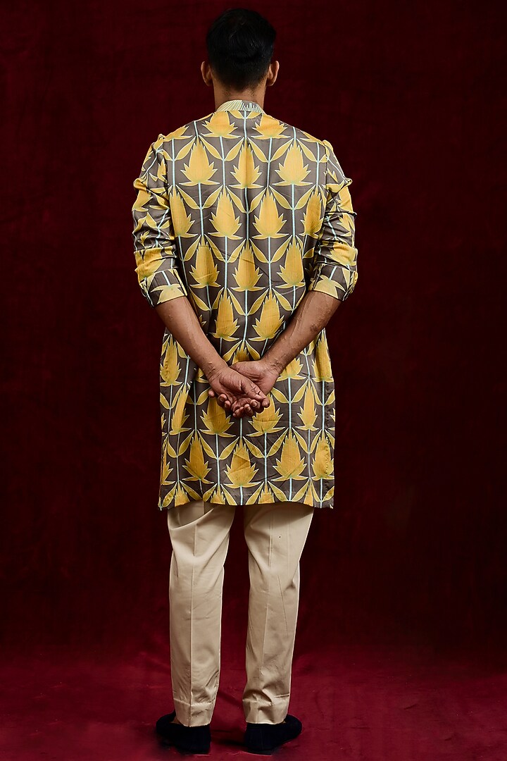 Mustard & Taupe Modal Silk Hand Painted Oversized Long Party Wear Shirt by Gaurav Katta at Pernia's Pop Up Shop