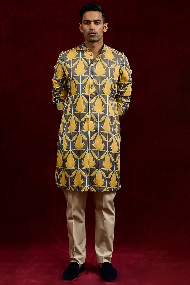 Mustard & Taupe Modal Silk Hand Painted Oversized Long Party Wear Shirt by Gaurav Katta at Pernia's Pop Up Shop