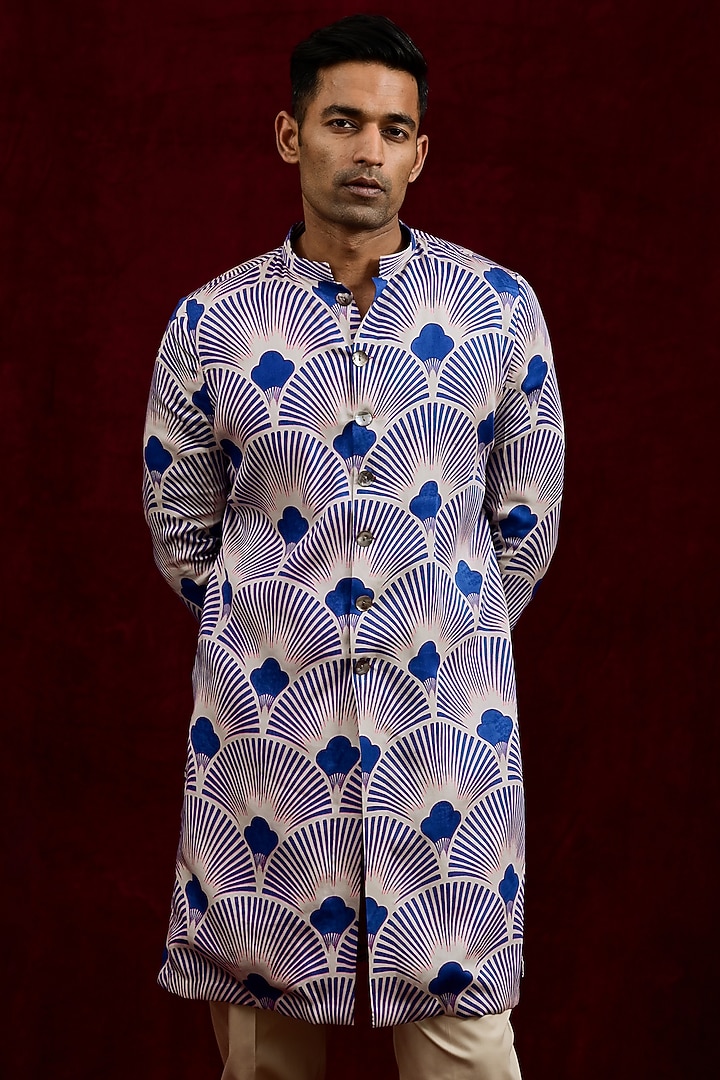 Indigo & Ash Modal Silk Hand Painted Oversized Long Party Wear Shirt by Gaurav Katta at Pernia's Pop Up Shop