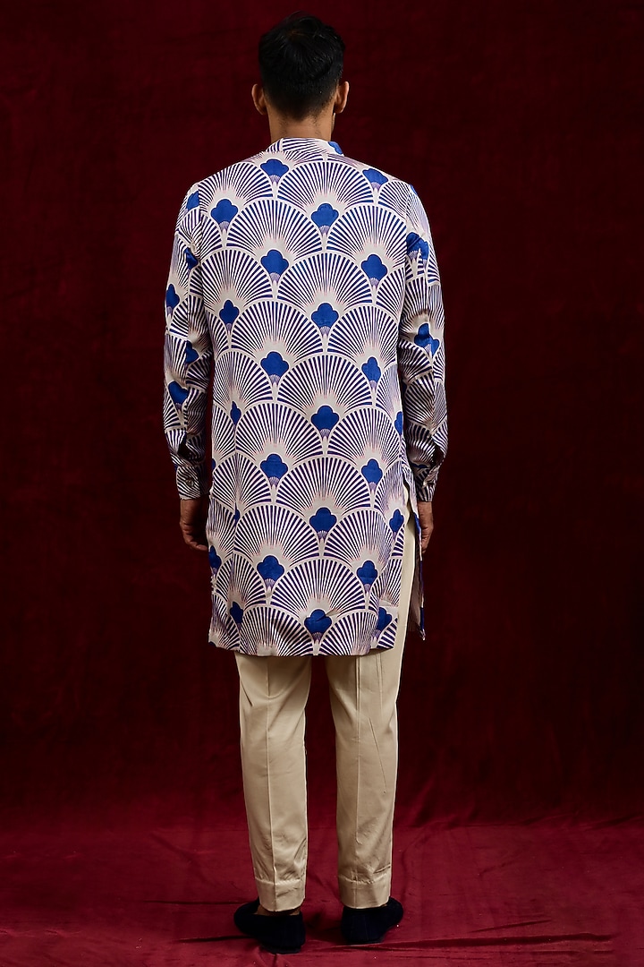 Indigo & Ash Modal Silk Hand Painted Oversized Long Party Wear Shirt by Gaurav Katta at Pernia's Pop Up Shop