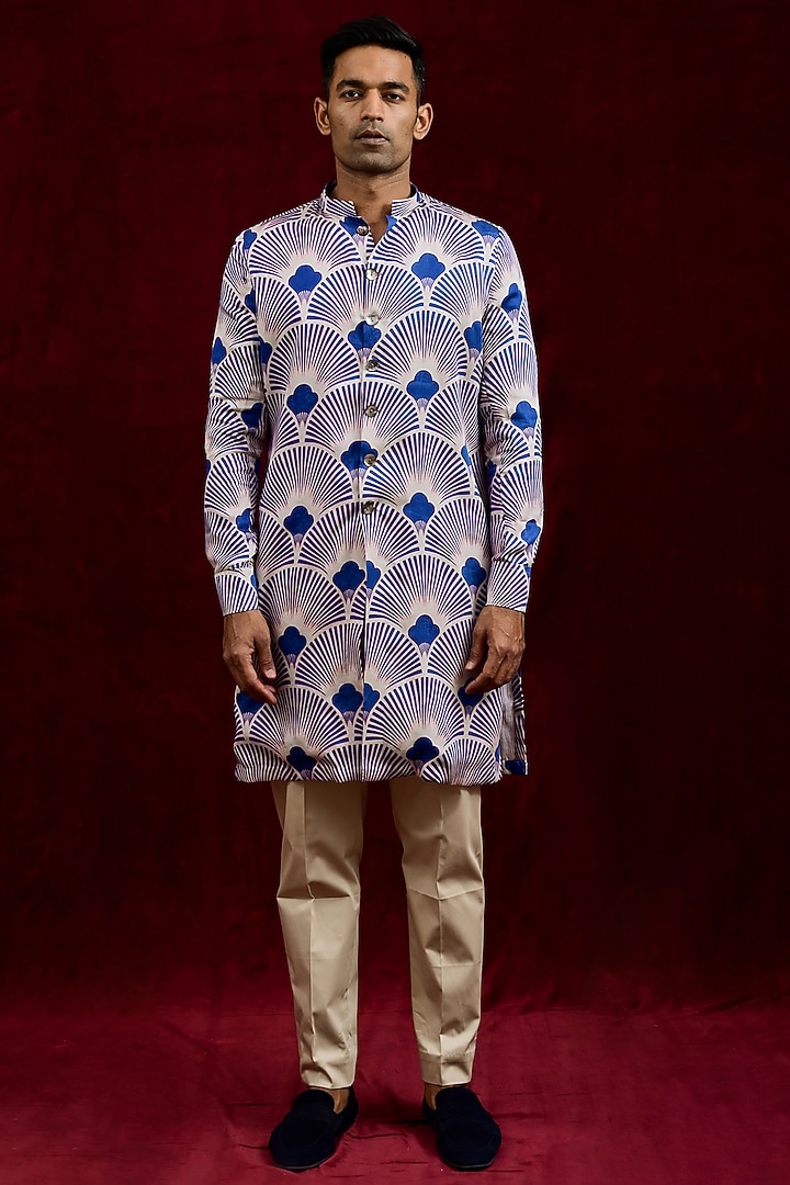 Indigo & Ash Modal Silk Hand Painted Oversized Long Party Wear Shirt by Gaurav Katta at Pernia's Pop Up Shop