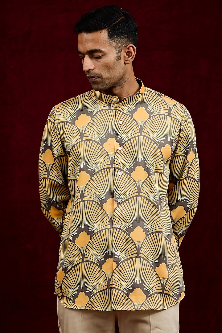 Mustard & Taupe Modal Silk Hand Painted Shirt by Gaurav Katta