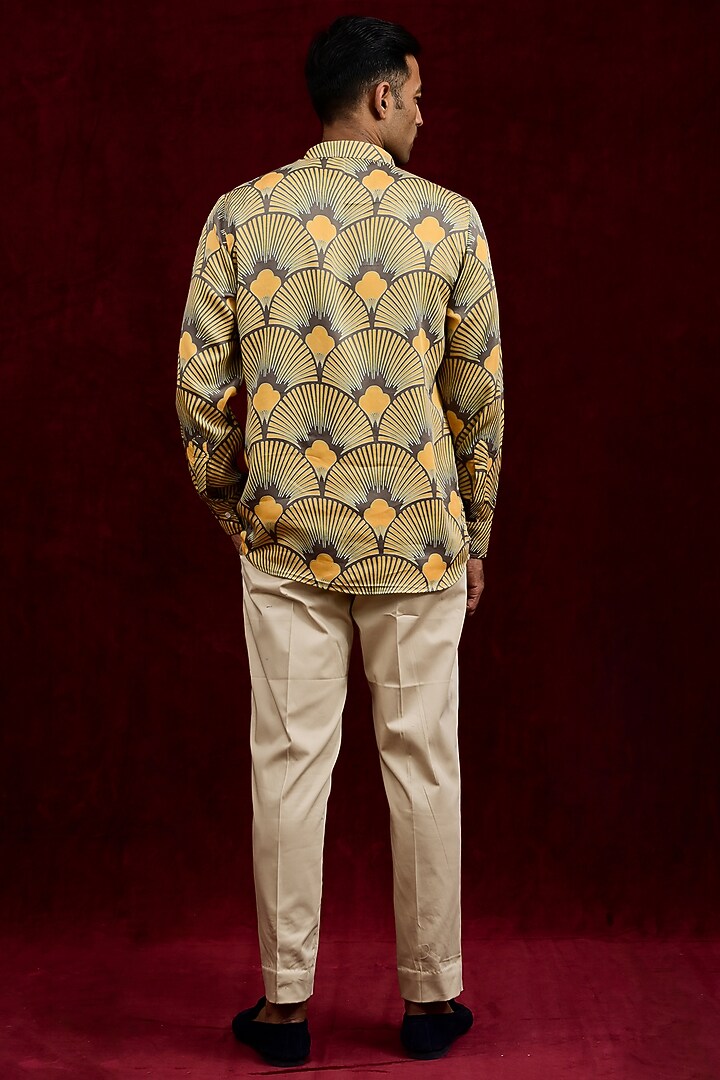 Mustard & Taupe Modal Silk Hand Painted Party Wear Shirt by Gaurav Katta at Pernia's Pop Up Shop