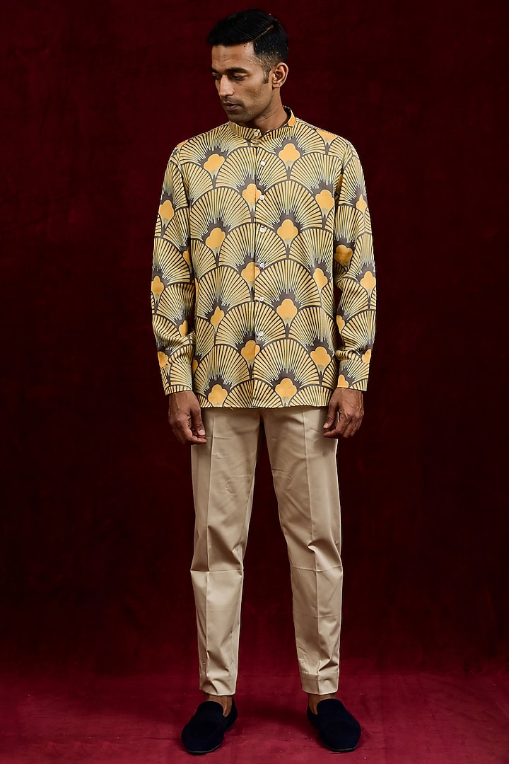 Mustard & Taupe Modal Silk Hand Painted Party Wear Shirt by Gaurav Katta at Pernia's Pop Up Shop