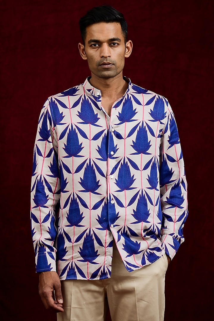 Indigo & Ash Modal Silk Hand Painted Party Wear Shirt by Gaurav Katta at Pernia's Pop Up Shop