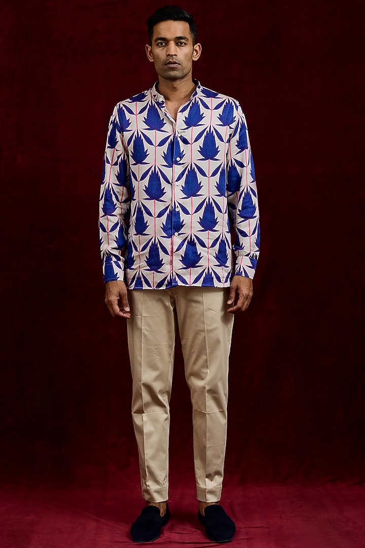 Indigo & Ash Modal Silk Hand Painted Party Wear Shirt by Gaurav Katta at Pernia's Pop Up Shop