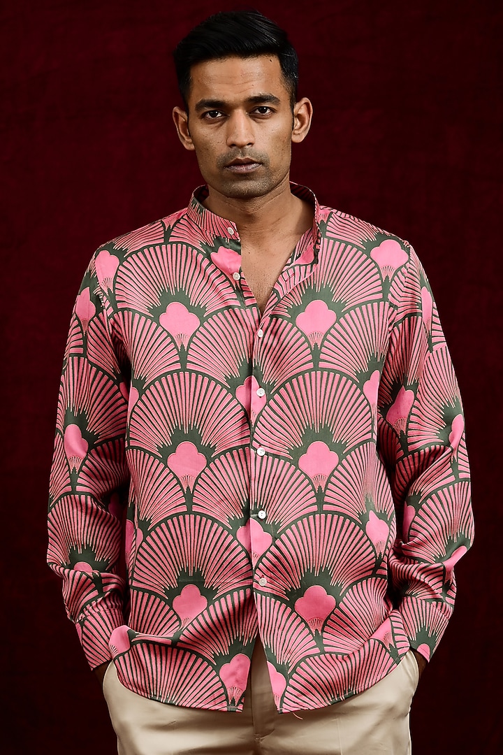 Salmon & Olive Modal Silk Hand Painted Party Wear Shirt by Gaurav Katta at Pernia's Pop Up Shop