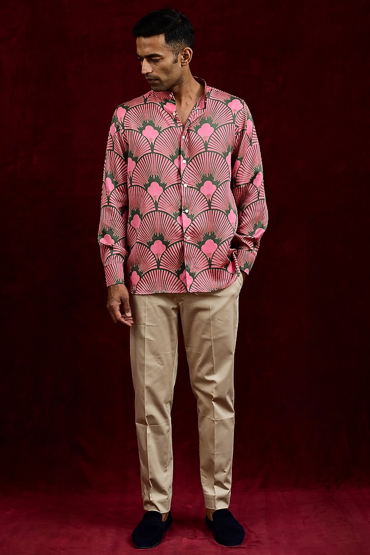 Salmon & Olive Modal Silk Hand Painted Party Wear Shirt by Gaurav Katta at Pernia's Pop Up Shop