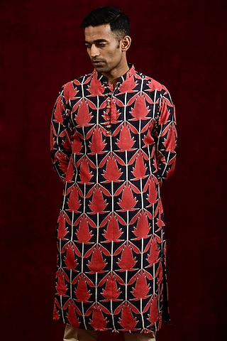 Crimson & Ebony Chanderi Silk Hand Painted Kurta by Gaurav Katta