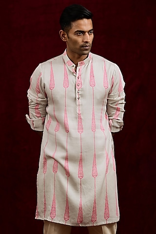 Ivory & Blush Pink Modal Silk Hand Painted Kurta by Gaurav Katta