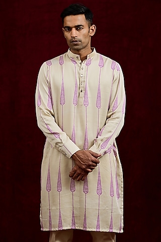 Ivory & Lilac Modal Silk Hand Painted Kurta by Gaurav Katta