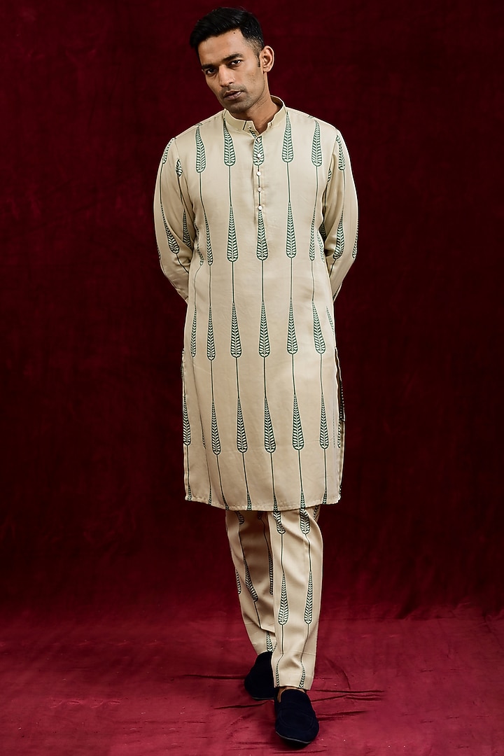 Ivory & Olive Modal Silk Hand Painted Kurta by Gaurav Katta at Pernia's Pop Up Shop