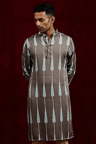 Taupe & Cyan Modal Silk Hand Painted Kurta by Gaurav Katta