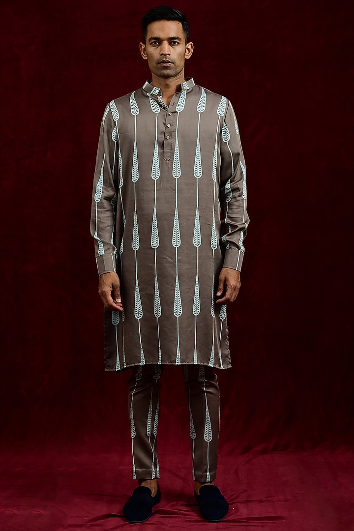 Taupe & Cyan Modal Silk Hand Painted Kurta by Gaurav Katta at Pernia's Pop Up Shop