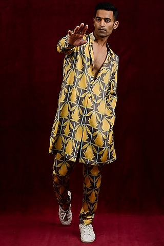 Mustard & Taupe Modal Silk Hand Painted Trousers by Gaurav Katta
