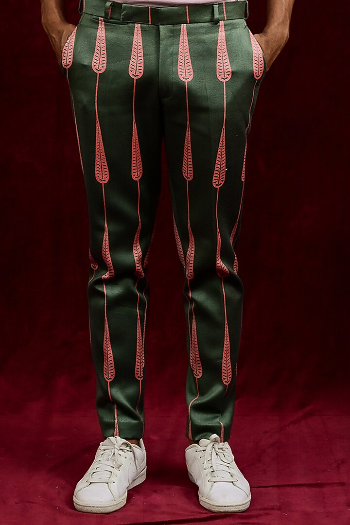 Olive & Salmon Modal Silk Hand Painted Trousers by Gaurav Katta at Pernia's Pop Up Shop