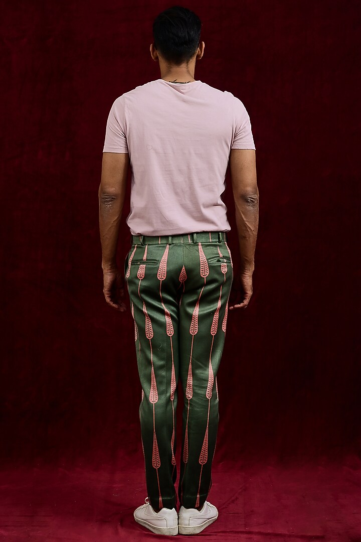 Olive & Salmon Modal Silk Hand Painted Trousers by Gaurav Katta at Pernia's Pop Up Shop