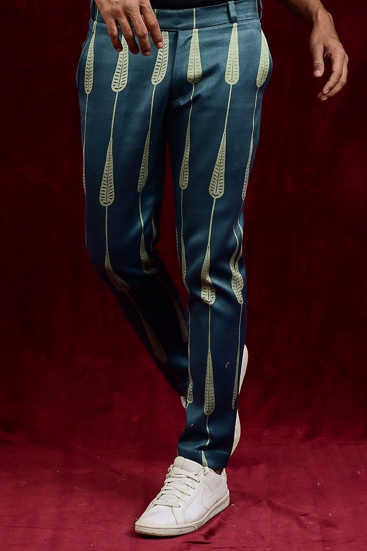 Teal & Lime Modal Silk Hand Painted Trousers by Gaurav Katta at Pernia's Pop Up Shop