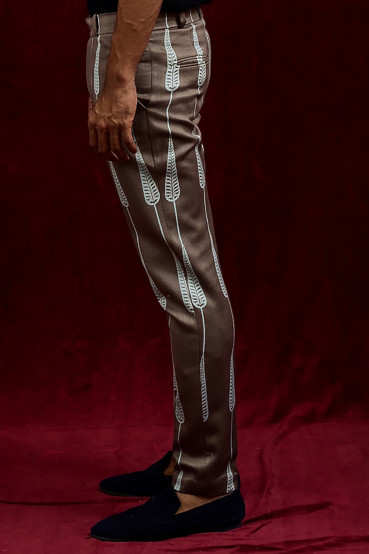 Taupe & Cyan Modal Silk Hand Painted Trousers by Gaurav Katta at Pernia's Pop Up Shop