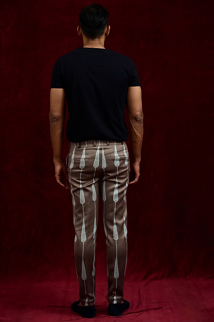 Taupe & Cyan Modal Silk Hand Painted Trousers by Gaurav Katta at Pernia's Pop Up Shop