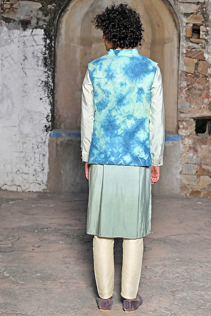 Blue Linen & Summer Silk Dip-Dye Sequins Embroidered Bundi Jacket Set by Gaurav Katta at Pernia's Pop Up Shop