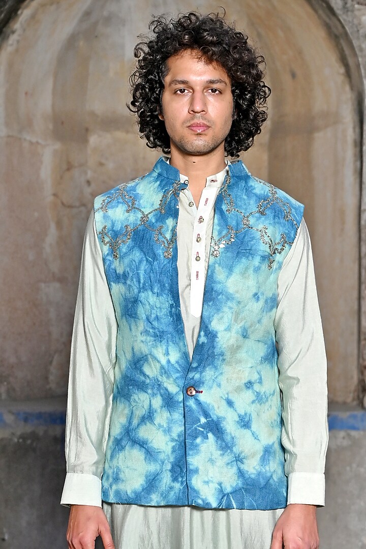 Blue Linen & Summer Silk Dip-Dye Sequins Embroidered Bundi Jacket Set by Gaurav Katta at Pernia's Pop Up Shop