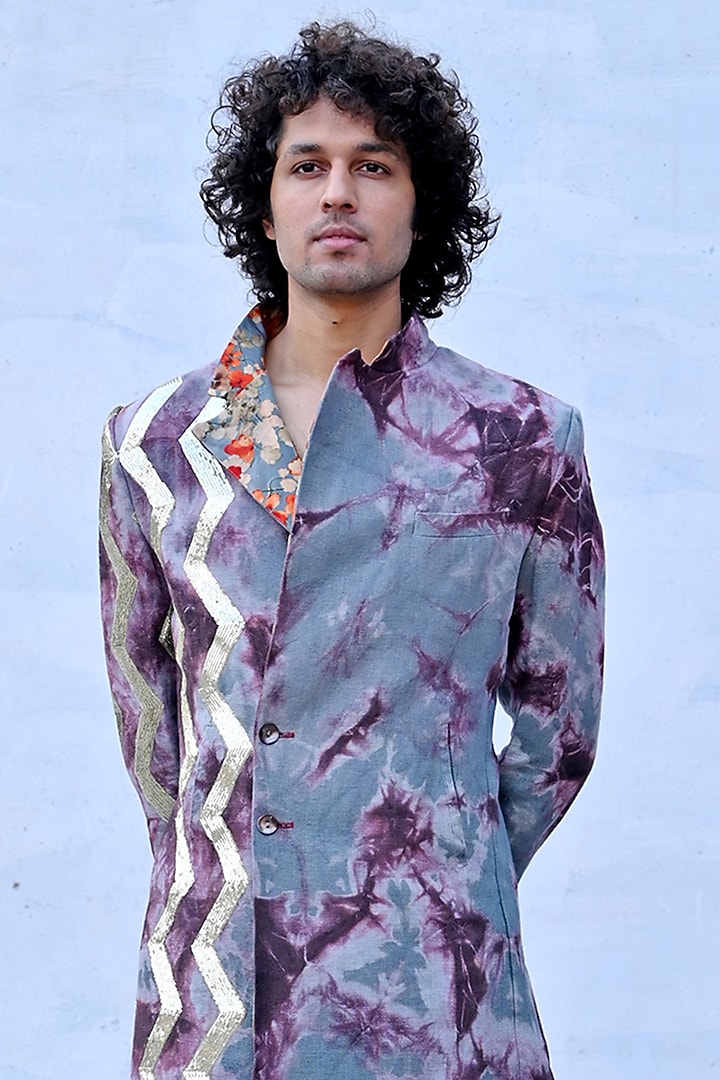Steel & Fuchsia Dip-Dyed Indo-Western Set by Gaurav Katta at Pernia's Pop Up Shop