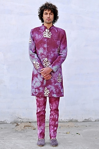 Steel & Fuchsia Dip-Dyed Indo-Western Set by Gaurav Katta