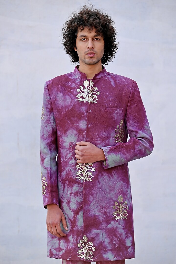 Steel & Fuchsia Dip-Dyed Indo-Western Set by Gaurav Katta at Pernia's Pop Up Shop