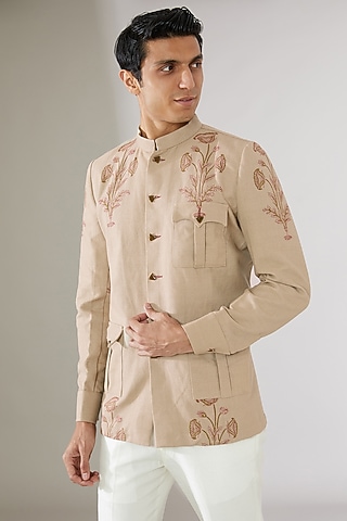 Beige Linen Hand Block Printed Bandhgala Jacket by Gaurav Katta