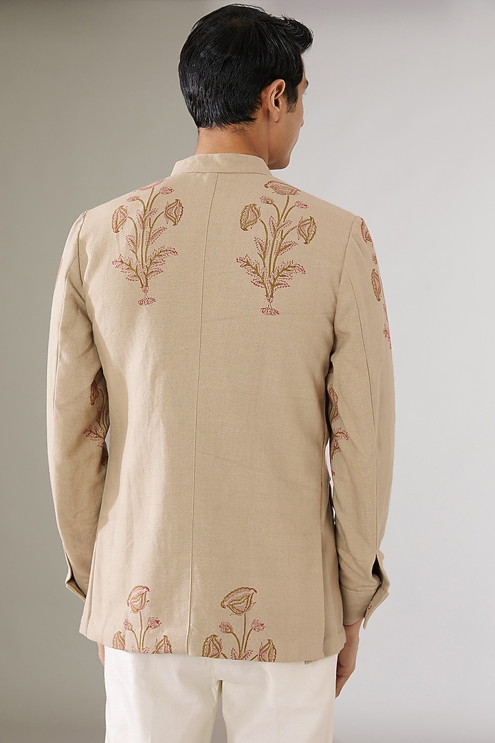 Beige Linen Hand Block Printed Bandhgala Jacket by Gaurav Katta at Pernia's Pop Up Shop