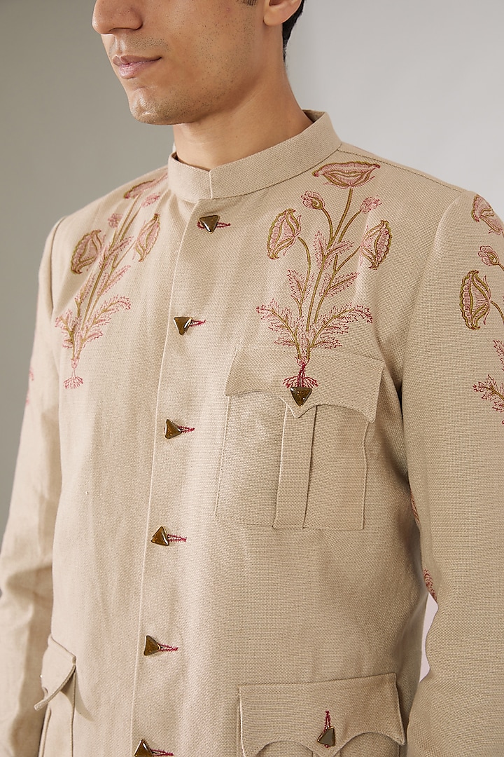 Beige Linen Hand Block Printed Bandhgala Jacket by Gaurav Katta at Pernia's Pop Up Shop