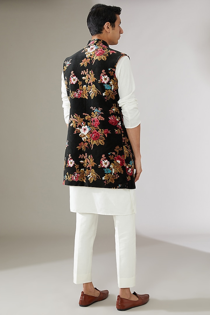 Black Suede & Velvet Floral Printed Indowestern Jacket by Gaurav Katta
